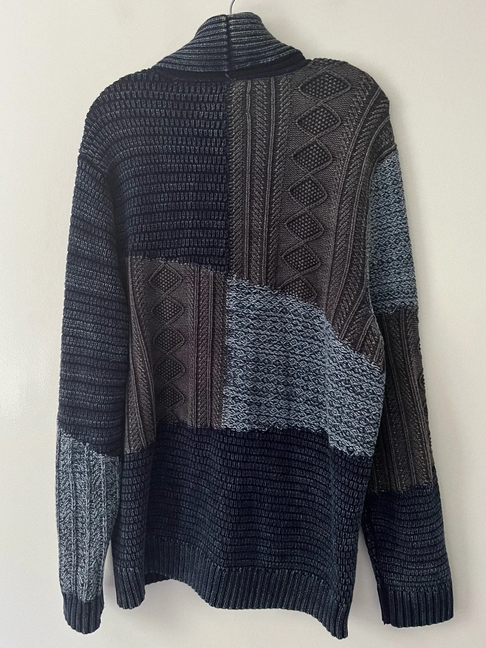 Lucky Brand Patchwork Cable Knit Chunky Shawl Cardigan Sweater Fisherman Blue XL